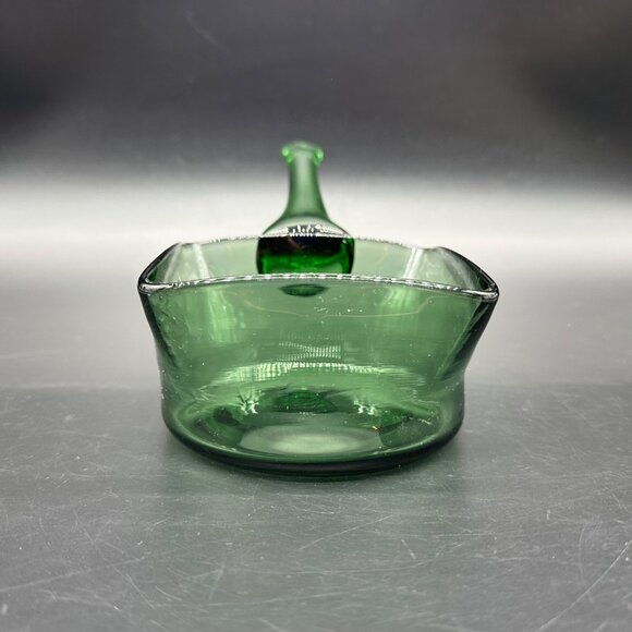 Vintage Green Art Glass Scoop Pan Handmade Square Planter Dish Applied Handle - Picture 3 of 13